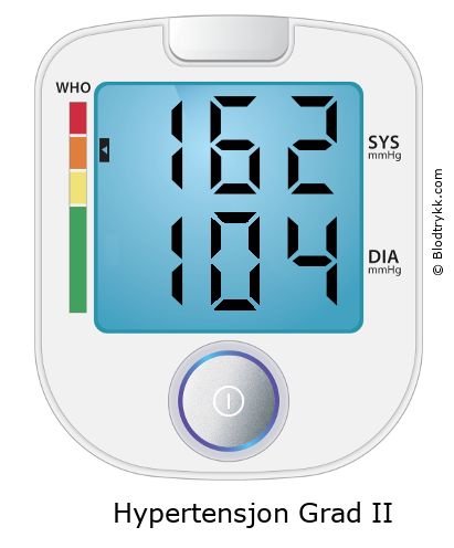 Blodtrykk 162 over 104 på digital blodtrykksmåler