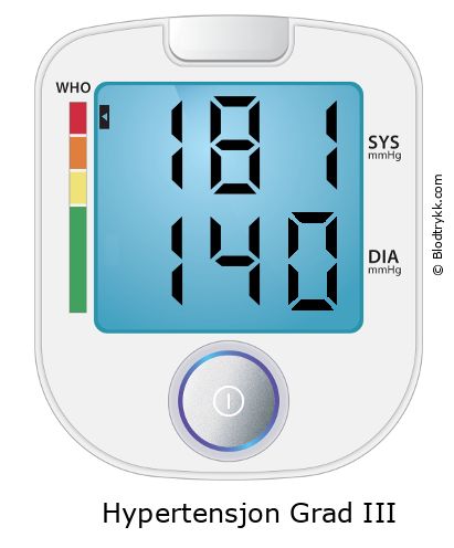 Blodtrykk 181 over 140 på digital blodtrykksmåler