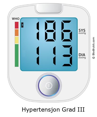 Blodtrykk 186 over 113 på digital blodtrykksmåler