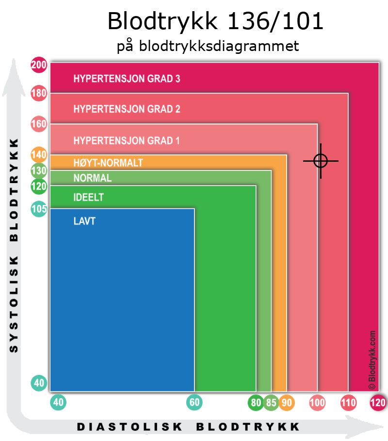 Blodtrykk 136 over 101 på blodtrykksdiagram