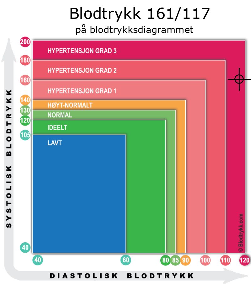 Blodtrykk 161 over 117 på blodtrykksdiagram