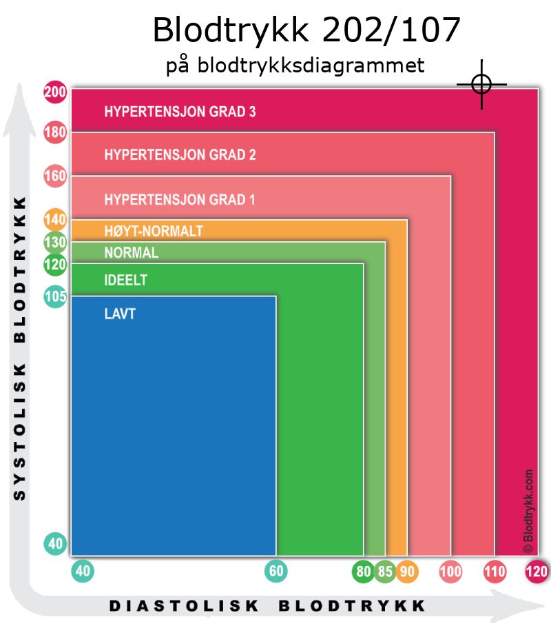 Blodtrykk 202 over 107 på blodtrykksdiagram
