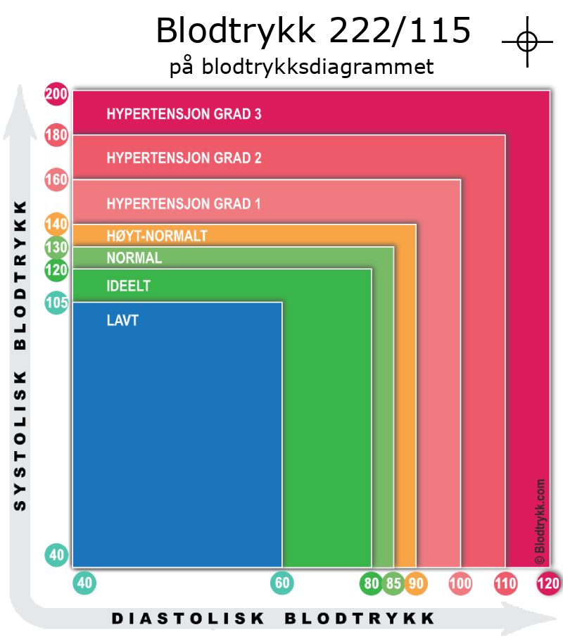 Blodtrykk 222 over 115 på blodtrykksdiagram