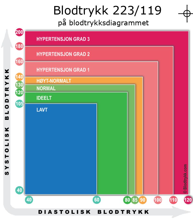 Blodtrykk 223 over 119 på blodtrykksdiagram