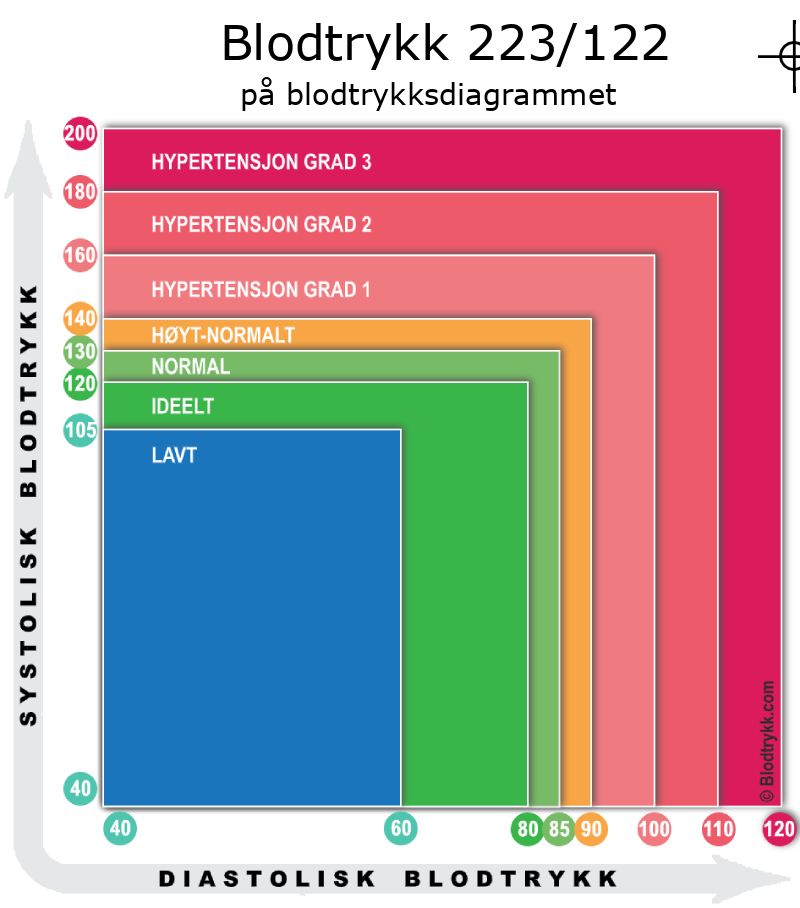 Blodtrykk 223 over 122 på blodtrykksdiagram
