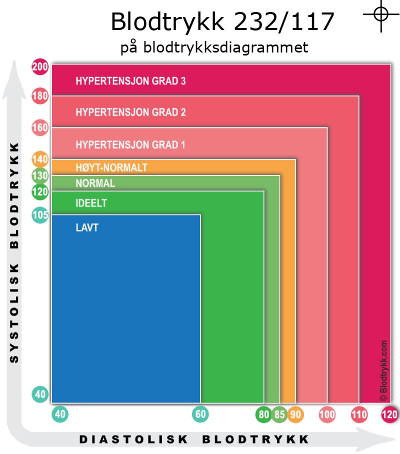 Blodtrykk 232 over 117 på blodtrykksdiagram