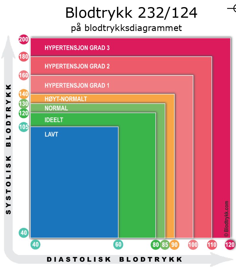 Blodtrykk 232 over 124 på blodtrykksdiagram