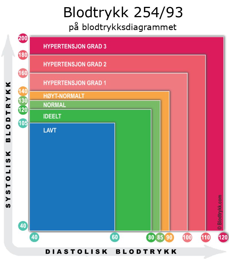 Blodtrykk 254 over 93 på blodtrykksdiagram